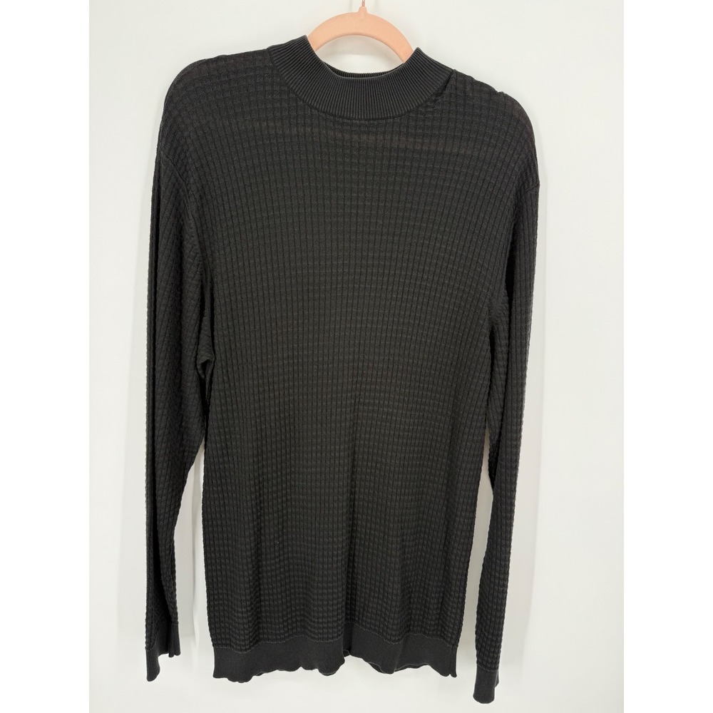 Cezani Waffle Knit Sweater Men Medium Black Silk Cotton Mock Neck Long Vintage